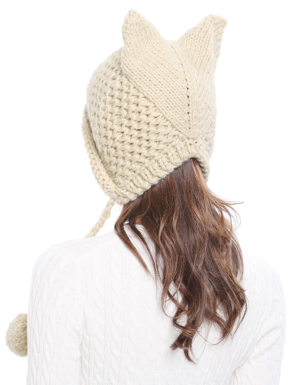 5883 Winter Cute Cat Ears Knit Hat Ear Flap Crochet Beanie Hat,Beige - Picture 4 of 6